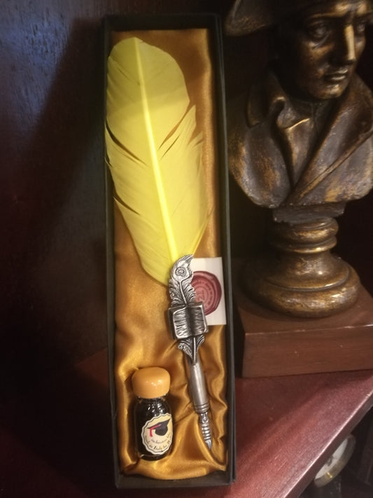 PENNA STILOGRAFICA CON PIUMA GIALLA E INCHIOSTRO