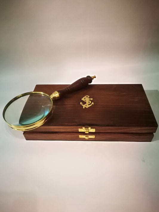 Lente d'ingrandimento ottone e legno con scatola legno