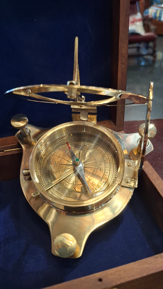 Orologio solare Meridiana in ottone"Traveller" con bussola con scatola legno