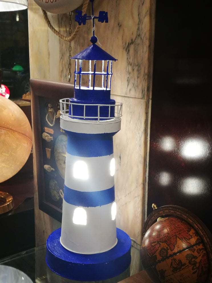 Faro  Bianco e Blu in Latta con Luce