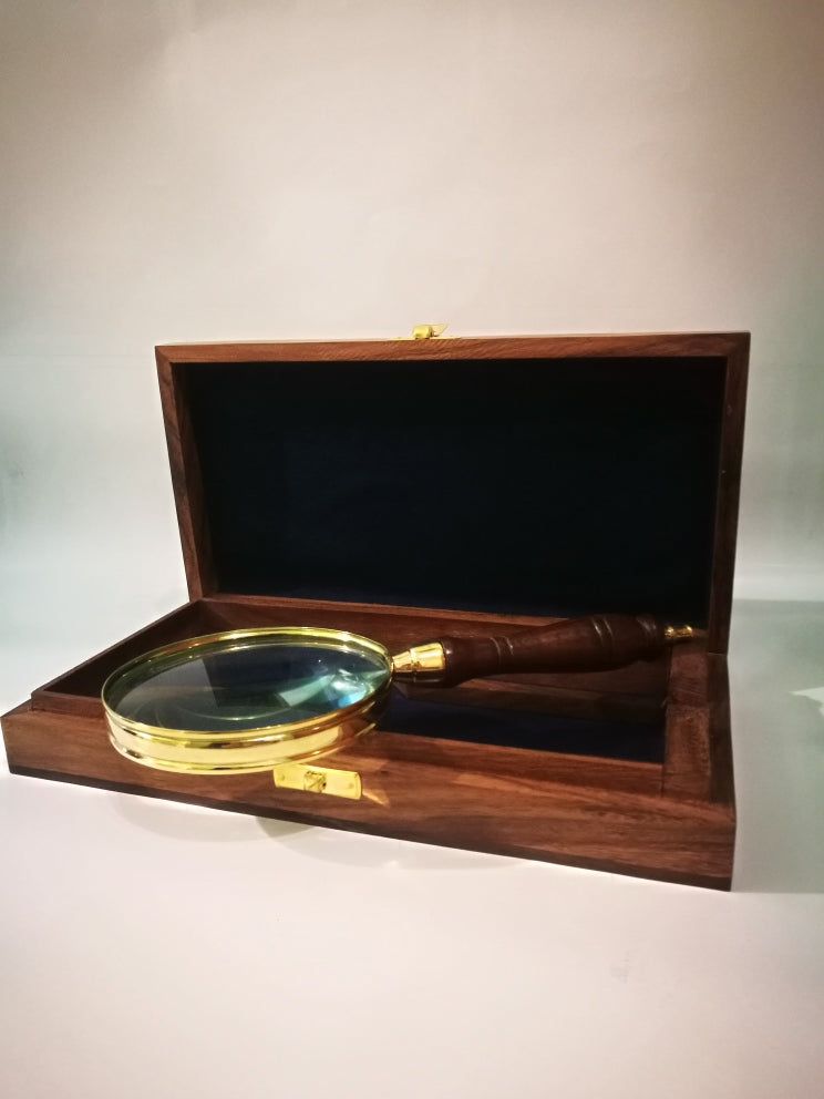 Lente d'ingrandimento ottone e legno con scatola legno