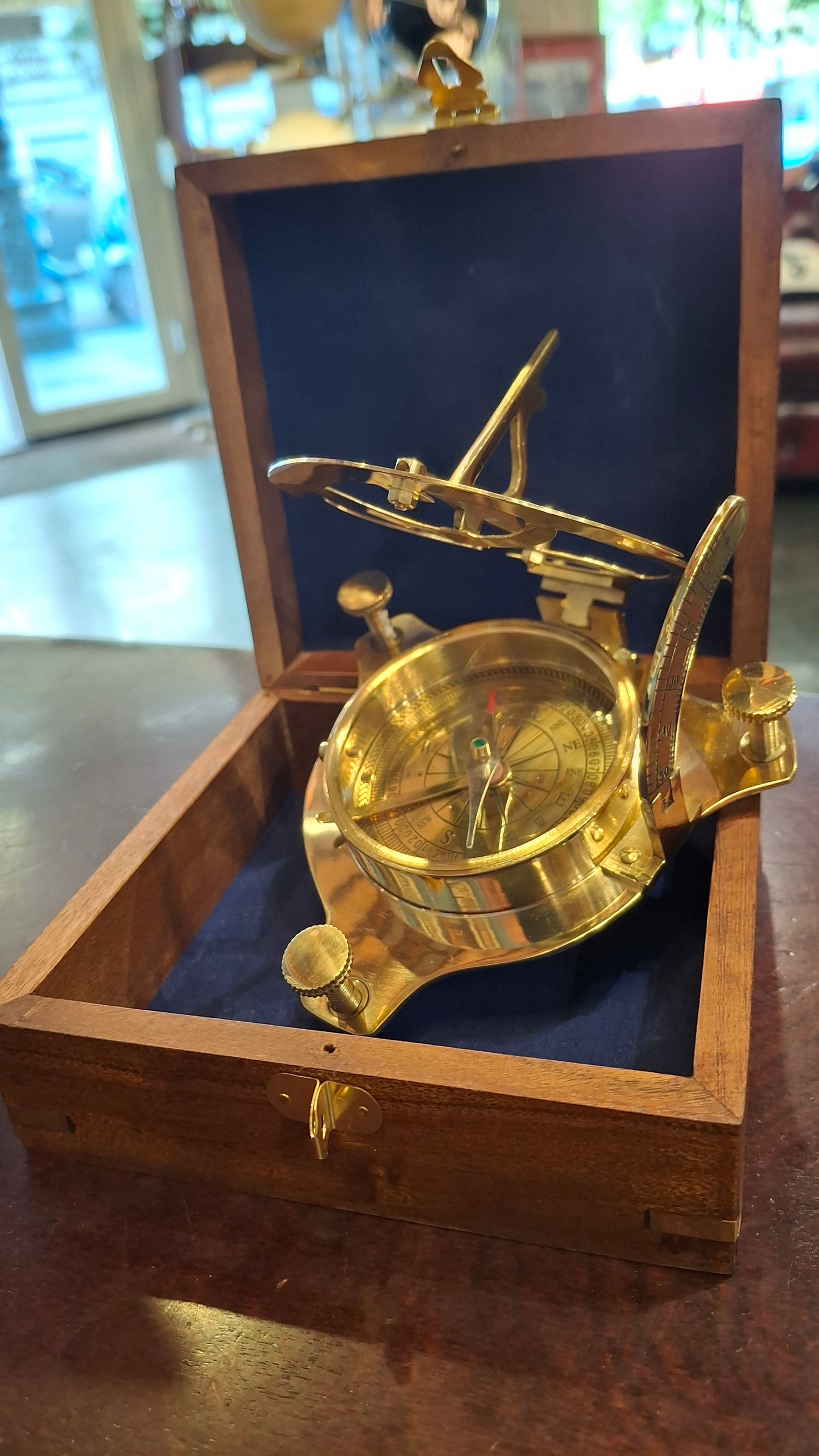Orologio solare  Meridiana in ottone"Traveller" con bussola con scatola legno